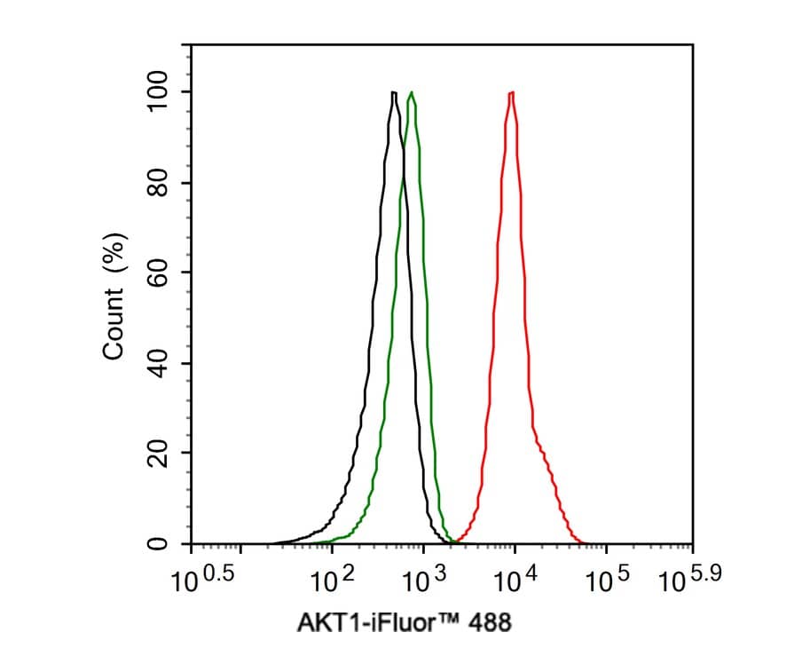 Flow Cytometry: AKT1 Antibody (PSH0-50) [NBP3-32016] - Flow cytometric analysis of Jurkat cells labeling AKT1. Cells were fixed and permeabilized. Then stained with the primary antibody (NBP3-32016, 1ug/ml) (red) compared with Rabbit IgG Isotype Control (green). After incubation of the primary antibody at +4℃ for an hour, the cells were stained with a iFluor™ 488 conjugate-Goat anti-Rabbit IgG Secondary antibody at 1/1,000 dilution for 30 minutes at +4℃. Unlabelled sample was used as a control (cells without incubation with primary antibody; black).