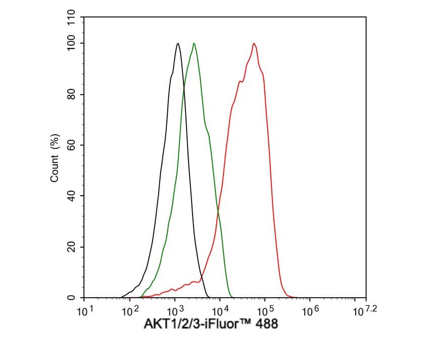 Flow Cytometry: AKT1/2/3 Antibody (JE75-09) [NBP3-32017] - Flow cytometric analysis of MCF7 cells labeling AKT1/2/3. Cells were fixed and permeabilized. Then stained with the primary antibody (NBP3-32017, 1μg/mL) (red) compared with Rabbit IgG Isotype Control (green). After incubation of the primary antibody at +4℃ for an hour, the cells were stained with a iFluor™ 488 conjugate-Goat anti-Rabbit IgG Secondary antibody at 1/1,000 dilution for 30 minutes at +4℃. Unlabelled sample was used as a control (cells without incubation with primary antibody; black).