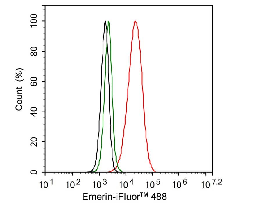 Flow Cytometry: Emerin Antibody (PSH01-85) [NBP3-32307] - Flow cytometric analysis of HeLa cells labeling Emerin. Cells were fixed and permeabilized. Then stained with the primary antibody (NBP3-32307, 1 /1000) (red) compared with Rabbit IgG Isotype Control (green). After incubation of the primary antibody at +4℃ for an hour, the cells were stained with a iFluor™ 488 conjugate-Goat anti-Rabbit IgG Secondary antibody at 1/1,000 dilution for 30 minutes at +4℃. Unlabelled sample was used as a control (cells without incubation with primary antibody; black).