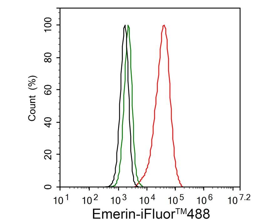 Flow Cytometry: Emerin Antibody (PSH01-86) [NBP3-32308] - Flow cytometric analysis of HeLa cells labeling Emerin. Cells were fixed and permeabilized. Then stained with the primary antibody (NBP3-32308, 1/1,000) (red) compared with Rabbit IgG Isotype Control (green). After incubation of the primary antibody at +4℃ for an hour, the cells were stained with a iFluor™ 488 conjugate-Goat anti-Rabbit IgG Secondary antibody at 1/1,000 dilution for 30 minutes at +4℃. Unlabelled sample was used as a control (cells without incubation with primary antibody; black).