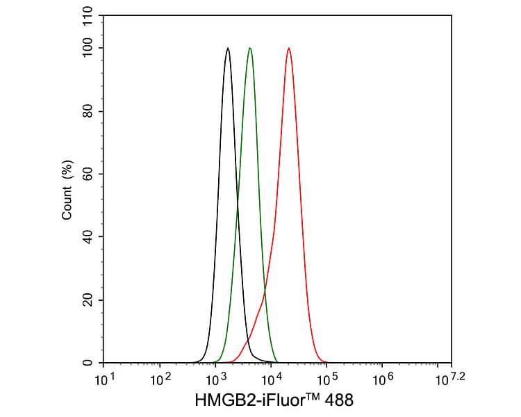 Flow Cytometry: HMGB2 Antibody (JE52-82) [NBP3-32436] - Flow cytometric analysis of MCF7 cells labeling HMGB2. Cells were fixed and permeabilized. Then stained with the primary antibody (NBP3-32436, 1μg/mL) (red) compared with Rabbit IgG Isotype Control (green). After incubation of the primary antibody at +4℃ for an hour, the cells were stained with a iFluor™ 488 conjugate-Goat anti-Rabbit IgG Secondary antibody at 1/1,000 dilution for 30 minutes at +4℃. Unlabelled sample was used as a control (cells without incubation with primary antibody; black).