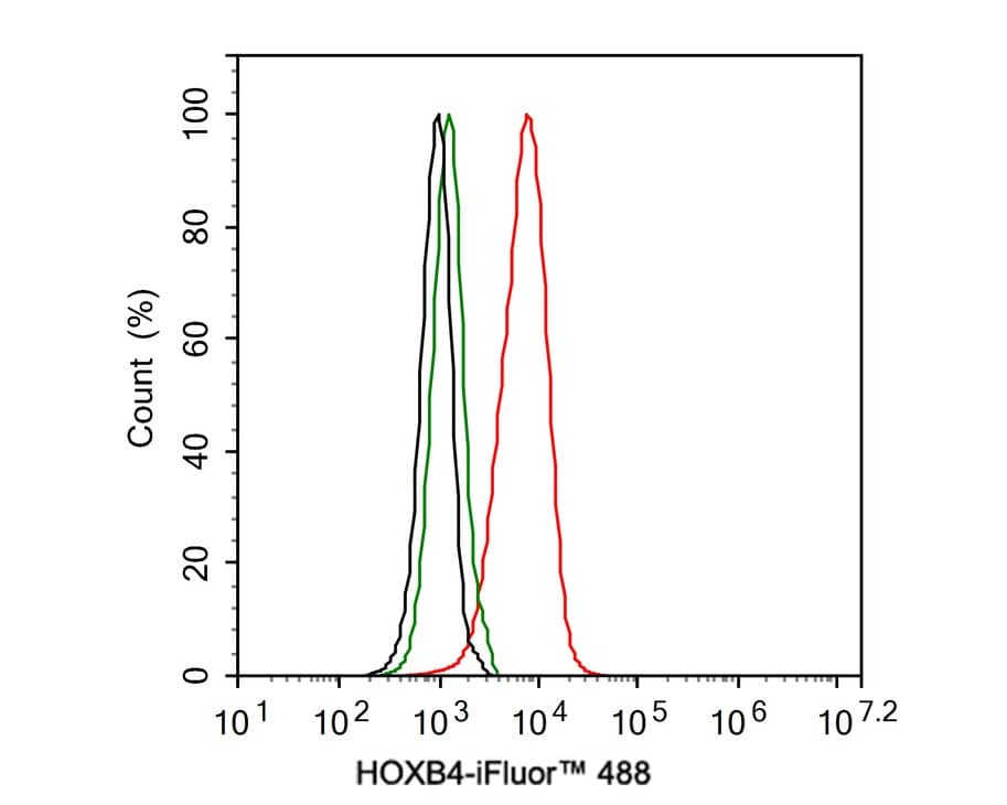 Flow Cytometry: HOXB4 Antibody (JE36-65) [NBP3-32440] - Flow cytometric analysis of HL-60 cells labeling HOXB4. Cells were fixed and permeabilized. Then stained with the primary antibody (NBP3-32440, 1μg/mL) (red) compared with Rabbit IgG Isotype Control (green). After incubation of the primary antibody at +4℃ for an hour, the cells were stained with a iFluor™ 488 conjugate-Goat anti-Rabbit IgG Secondary antibody at 1/1,000 dilution for 30 minutes at +4℃. Unlabelled sample was used as a control (cells without incubation with primary antibody; black).