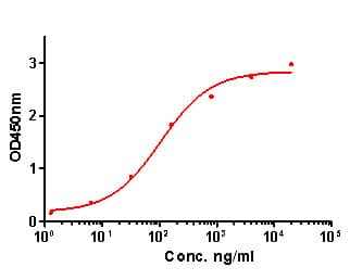 ELISA: IL-1 beta/IL-1F2 Antibody (A7F7-R) [NBP3-32464] - IL-1 beta/IL-1F2 Antibody (NBP3-32464) in indirect ELISA. Indirect ELISA analysis of IL-1 beta was performed by coating wells of a 96-well plate with 50 µl per well of IL-1 beta antigen diluted in carbonate/bicarbonate buffer, at a concentration of 1 µg/mL overnight at 4℃. Wells of the plate were washed, blocked with  blocking buffer, and incubated with 50 µl per well of a mouse IL-1 beta monoclonal antibody starting at a concentration of 20 µg/mL and serially diluting it to a concentration of 1.28 ng/mL for 2 hours at room temperature. The plate was washed and incubated with 50 µl per well of an HRP-conjugated goat anti-mouse IgG secondary antibody at a dilution of 1:10,000 for one hour at room temperature. Detection was performed using an Ultra TMB Substrate for 5 minutes at room temperature in the dark. The reaction was stopped with sulfuric acid and absorbances were read on a spectrophotometer at 450 nm.