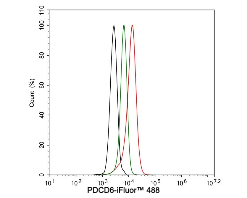 Flow Cytometry: PDCD6 Antibody (A6A7-R) [NBP3-32728] - Flow cytometric analysis of HeLa cells labeling PDCD6. Cells were fixed and permeabilized. Then stained with the primary antibody (NBP3-32728, 1μg/mL) (red) compared with Mouse IgG1 Isotype Control (green). After incubation of the primary antibody at +4℃ for an hour, the cells were stained with a iFluor™ 488 conjugate-Goat anti-Mouse IgG Secondary antibody at 1/1,000 dilution for 30 minutes at +4℃. Unlabelled sample was used as a control (cells without incubation with primary antibody; black).