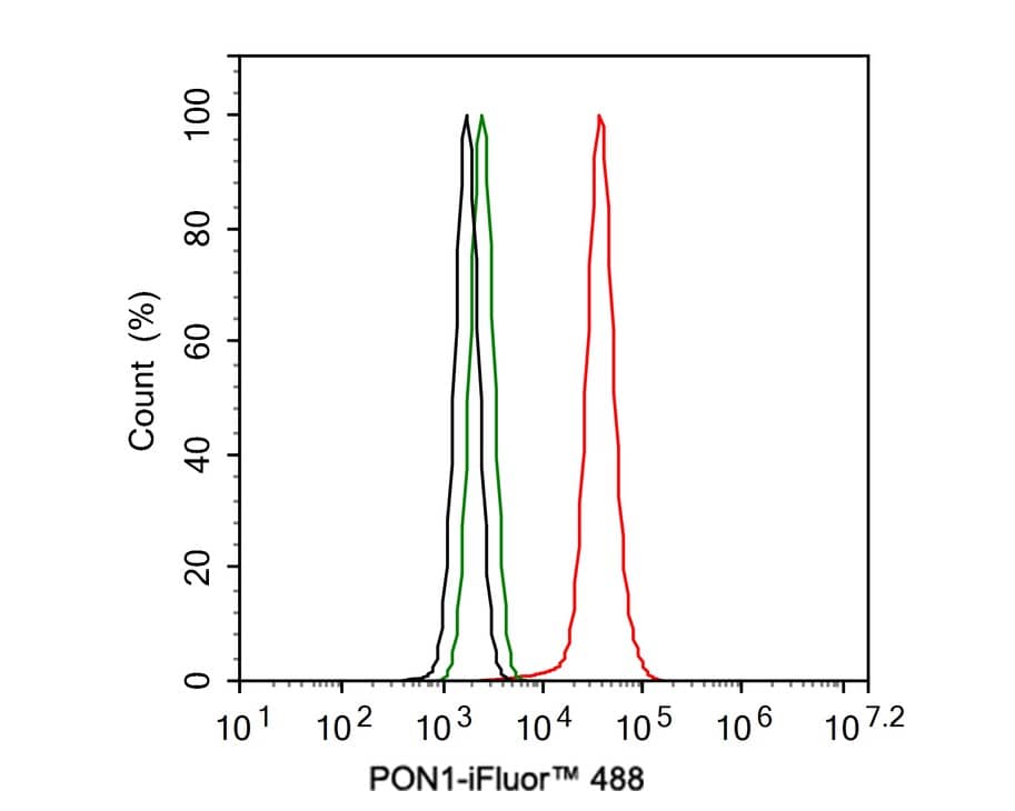 Flow Cytometry: PON1 Antibody (JE30-90) [NBP3-32843] - Flow cytometric analysis of HepG2 cells labeling PON1. Cells were fixed and permeabilized. Then stained with the primary antibody (NBP3-32843, 1ug/ml) (red) compared with Rabbit IgG Isotype Control (green). After incubation of the primary antibody at +4℃ for an hour, the cells were stained with a iFluor™ 488 conjugate-Goat anti-Rabbit IgG Secondary antibody at 1/1,000 dilution for 30 minutes at +4℃. Unlabelled sample was used as a control (cells without incubation with primary antibody; black).