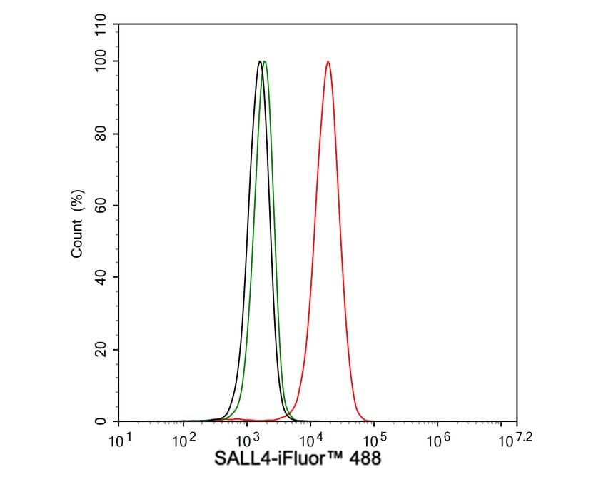 Flow Cytometry: SALL4 Antibody (A7A7-R) [NBP3-32927] - Flow cytometric analysis of NCCIT cells labeling SALL4. Cells were fixed and permeabilized. Then stained with the primary antibody (NBP3-32927, 1ug/ml) (red) compared with Mouse IgG Isotype Control (green). After incubation of the primary antibody at +4℃ for an hour, the cells were stained with a iFluor™ 488 conjugate-Goat anti-Mouse IgG Secondary antibody at 1/1,000 dilution for 30 minutes at +4℃. Unlabelled sample was used as a control (cells without incubation with primary antibody; black).