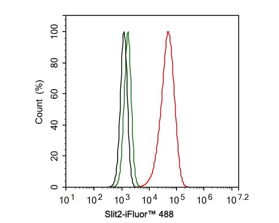 Flow Cytometry: Slit2 Antibody (JE31-87) [NBP3-32955] - Flow cytometric analysis of A549 cells labeling Slit2. Cells were fixed and permeabilized. Then stained with the primary antibody (NBP3-32955, 1ug/ml) (red) compared with Rabbit IgG Isotype Control (green). After incubation of the primary antibody at +4℃ for an hour, the cells were stained with a iFluor™ 488 conjugate-Goat anti-Rabbit IgG Secondary antibody at 1/1,000 dilution for 30 minutes at +4℃. Unlabelled sample was used as a control (cells without incubation with primary antibody; black).