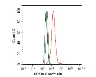 Flow Cytometry: SOX10 Antibody (PDH0-05) [NBP3-32969] - Flow cytometric analysis of A375 cells labeling SOX10. Cells were fixed and permeabilized. Then stained with the primary antibody (NBP3-32969, 1ug/ml) (red) compared with Rabbit IgG Isotype Control (green). After incubation of the primary antibody at +4℃ for an hour, the cells were stained with a iFluor™ 488 conjugate-Goat anti-Rabbit IgG Secondary antibody at 1/1,000 dilution for 30 minutes at +4℃. Unlabelled sample was used as a control (cells without incubation with primary antibody; black).