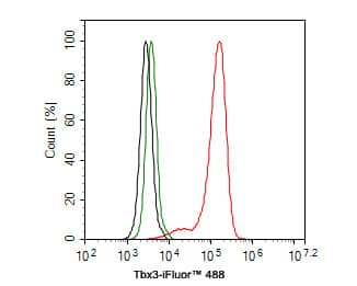 Flow Cytometry: TBX3 Antibody (JE33-38) [NBP3-32998] - Flow cytometric analysis of HepG2 cells labeling TBX3. Cells were fixed and permeabilized. Then stained with the primary antibody (NBP3-32998, 1ug/ml) (red) compared with Rabbit IgG Isotype Control (green). After incubation of the primary antibody at +4℃ for an hour, the cells were stained with a iFluor™ 488 conjugate-Goat anti-Rabbit IgG Secondary antibody at 1/1,000 dilution for 30 minutes at +4℃. Unlabelled sample was used as a control (cells without incubation with primary antibody; black).