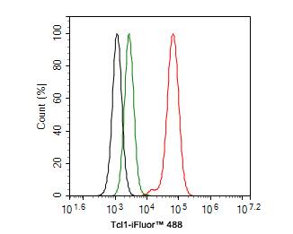 Flow Cytometry: TCL1A Antibody (PD00-94) [NBP3-33001] - Flow cytometric analysis of Daudi cells labeling TCL1A. Cells were fixed and permeabilized. Then stained with the primary antibody (NBP3-33001, 1ug/ml) (red) compared with Rabbit IgG Isotype Control (green). After incubation of the primary antibody at +4℃ for an hour, the cells were stained with a iFluor™ 488 conjugate-Goat anti-Rabbit IgG Secondary antibody at 1/1,000 dilution for 30 minutes at +4℃. Unlabelled sample was used as a control (cells without incubation with primary antibody; black).