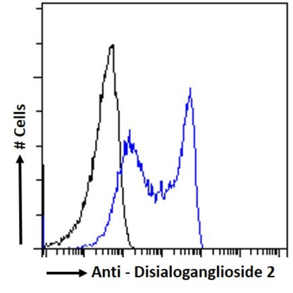 Flow Cytometry: Ganglioside GD2 Antibody (14G2a) - Chimeric - BSA Free [NBP3-43551] - Kelly cells were stained with the anti-unknown specificity antibody (isotype control, black line) or NBP3-43551 (blue line) at a dilution of 1:100 for 1h at RT. After washing, the bound antibody was detected using a goat anti-rabbit IgG AlexaFluor® 488 antibody at a dilution of 1:1000 and the cells were analyzed using a FACSCanto flow-cytometer.