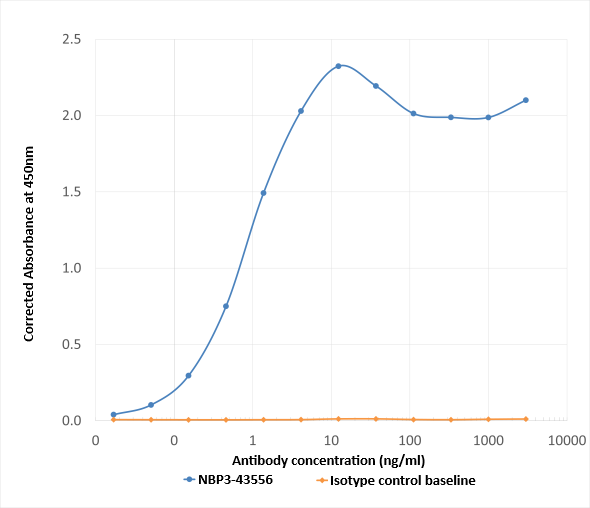 ELISA: Norovirus VP1 Antibody (A1431) - Chimeric - BSA Free [NBP3-43556] - Binding curves of NBP3-43556 (blue) and an isotype control (anti-fluorescein; orange) on an ELISA plate coated with Norovirus VP1 at 2.5 µg/mL. A 3-fold serial dilution from 3,000 ng/mL to 0.0169 ng/mL was assessed. Detection was performed with an HRP-conjugated anti-rabbit IgG antibody (Goat Anti-Rabbit IgG, Fc-fragment specific, minimum cross-reactivity to human serum proteins) at 0.25 µg/mL.