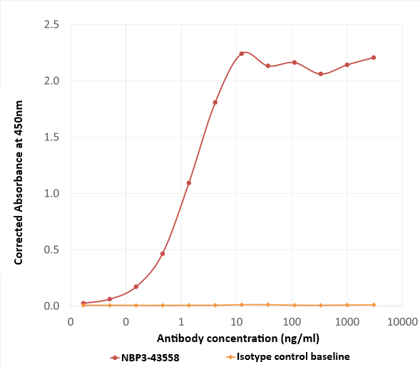 ELISA: Norovirus VP1 Antibody (A1227) - Chimeric - BSA Free [NBP3-43558] - Binding curves of Norovirus VP1 (red) and an isotype control (anti-fluorescein; orange) on an ELISA plate coated with Norovirus VP1 at 2.5 µg/mL. A 3-fold serial dilution from 3,000 ng/mL to 0.0169 ng/mL was assessed. Detection was performed with an HRP-conjugated anti-rabbit IgG antibody (Goat Anti-Rabbit IgG, Fc-fragment specific, minimum cross-reactivity to human serum proteins) at 0.25 µg/mL.