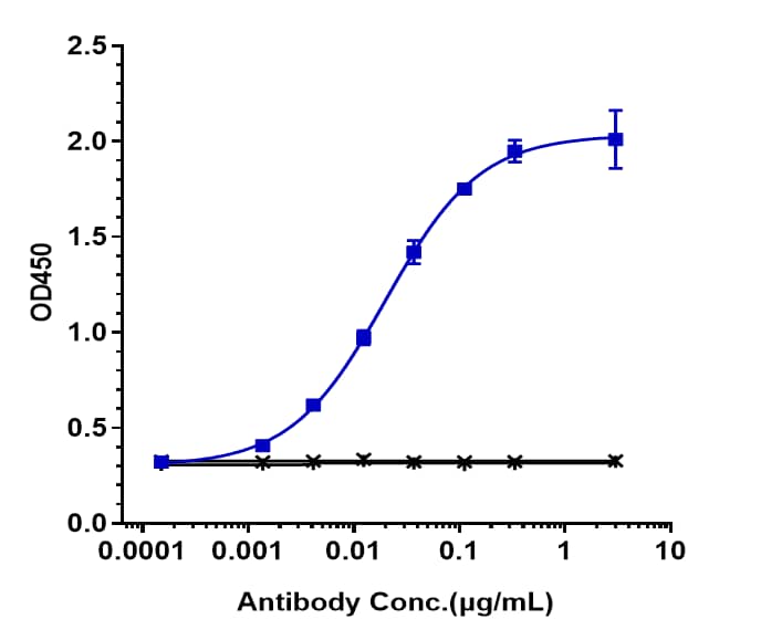 Immobilized human EGFR His at 2 ug/mL can bind CD19 (Denintuzumab Mafodotin) Antibody, EC50=0.01985 ug/mL.