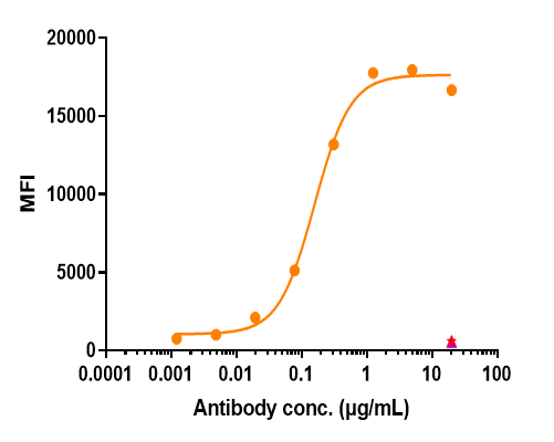 Human Siglec-2/CD22 HEK293 Cell Line were stained with Siglec-2/CD22  and negative control protein respectively, washed and then followed by PE and analyzed with FACS,The EC50 is 0.16 mug/mL.