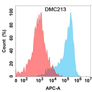 Flow cytometry analysis with Anti-CD24 (DMC213) on HEK293 cells transfected with human CD24 (Blue histogram) or HEK293 transfected with irrelevant protein (Red histogram).