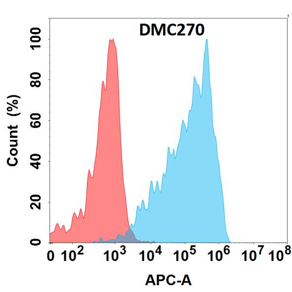 Flow cytometry analysis with Anti-CD160 (DMC270) on HEK293 cells transfected with human CD160 (Blue histogram) or HEK293 transfected with irrelevant protein (Red histogram).