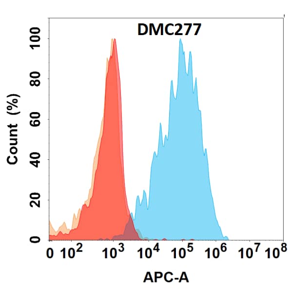 Flow cytometry analysis with Anti-Galectin-1 (DMC277) on HEK293 cells transfected with human Galectin-1 (Blue histogram) or HEK293 transfected with irrelevant protein (Red histogram).