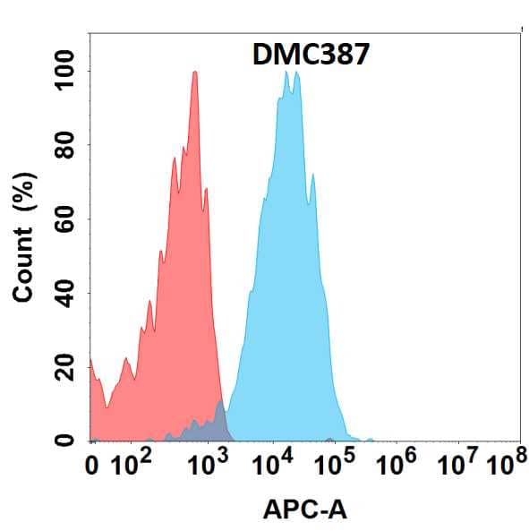 Flow cytometry analysis with Anti-GUCY2C (DMC387) on HEK293 cells transfected with human GUCY2C (Blue histogram) or HEK293 transfected with irrelevant protein (Red histogram).