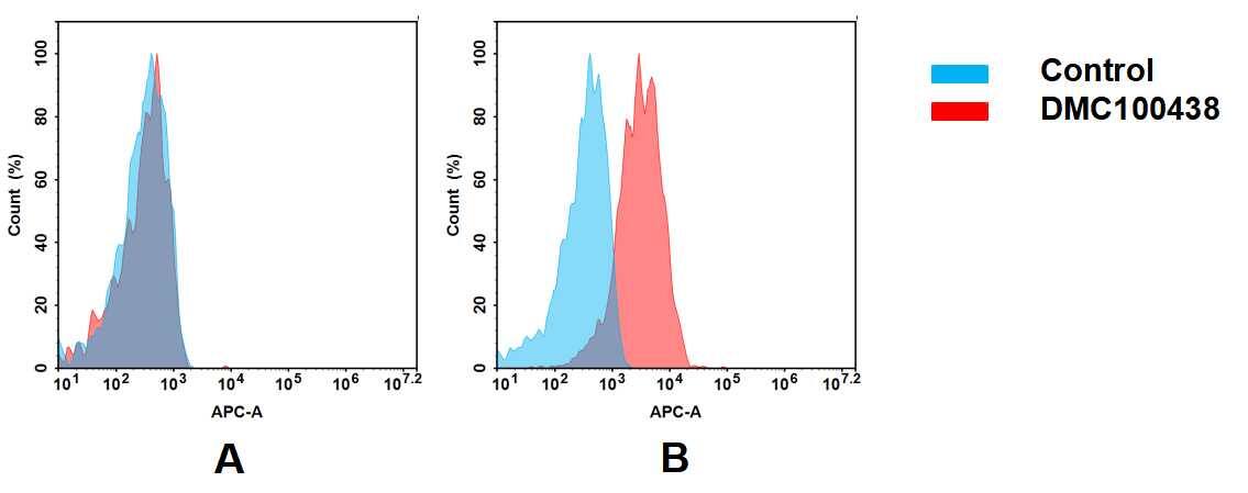 Flow cytometry analysis of antigen binding of anti-human Nectin4 mAb(NBP3-48336). (A) NBP3-48336 does not bind to 293T cells that do not express Nectin4. (B) A clear peak shift of NBP3-48336 was seen compared to the control when incubated with Nectin4-expressing A431 cells, indicating strong binding of NBP3-48336 to Nectin4. Antibodies were incubated at 2 ug/mL.
