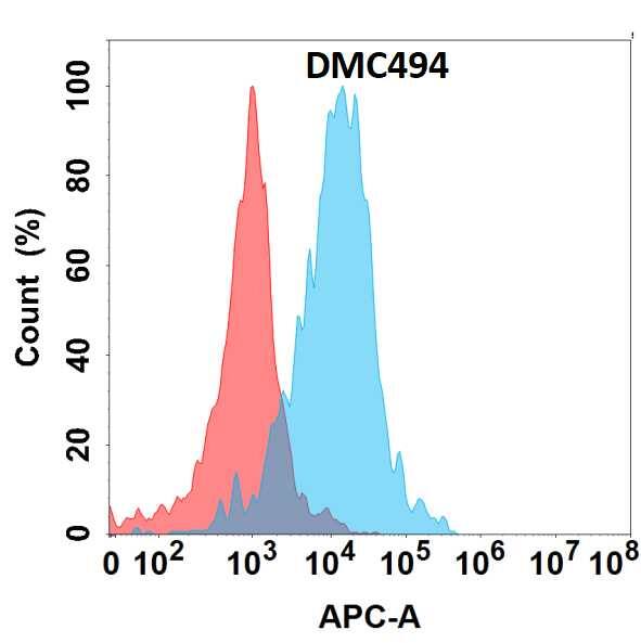 Flow cytometry analysis with Anti-Fc gamma RIIA/Fc gamma RIIA/CD32a (DMC494) on HEK293 cells transfected with human Fc gamma RIIA/Fc gamma RIIA/CD32a (Blue histogram) or HEK293 transfected with irrelevant protein (Red histogram).