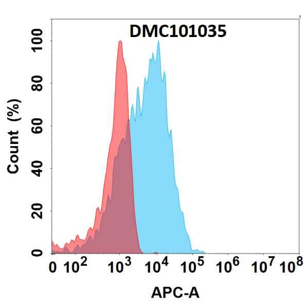 Flow cytometry analysis (Intracellular) with Anti-Calcitonin (7C1) mAb on HEK293 cells transfected with human Calcitonin (Blue histogram) or HEK293 transfected with irrelevant protein (Red histogram).