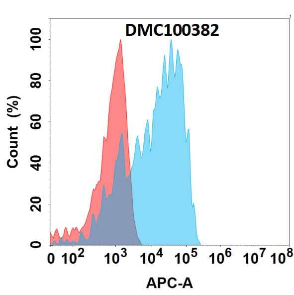 Flow cytometry analysis with 1ug/mL Anti-CSF1R (9A5) mAb on HEK293 cells transfected with human CSF1R (Blue histogram) or HEK293 transfected with irrelevant protein (Red histogram).