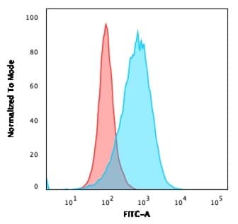 Flow Cytometric Analysis of Ramos cells using B7-2/CD86 Antibody (C86/2160R) followed by goat anti-Mouse IgG-CF488 (Blue); Isotype Control (Red).