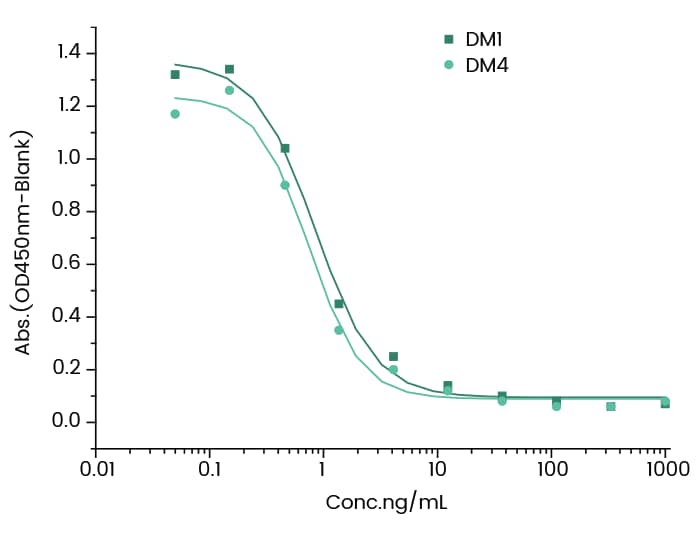 ELISA: Mertansine/DM1 Antibody (7) - Azide and BSA Free [NBP3-49160] - Immobilized Mertansine/DM1-OVA at 1 μg/mL (100 μL/well), free Mertansine/DM1 or DM4 and NBP3-49160 added to the plate (total volume 50 μL/well, NBP3-49160 working concentration is 0.05 μg/mL), the binding of Mertansine/DM1-OVA and NBP3-49160 were blocked by the gradient-diluted free Mertansine/DM1 or DM4 from 0.06 ng/mL or 0.08 ng/mL.