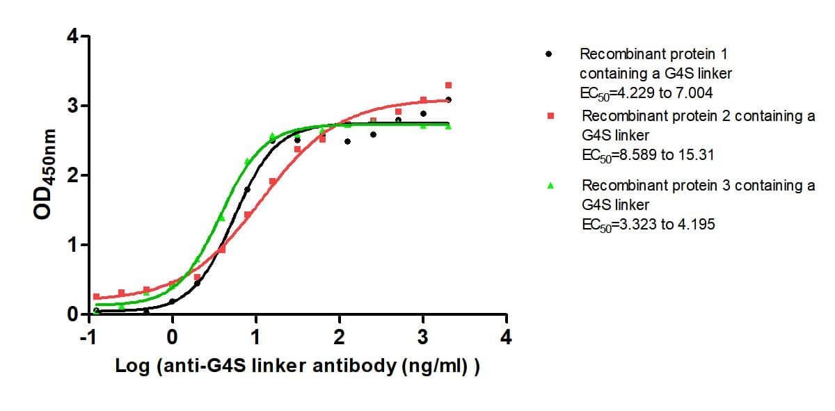 The Binding Activity of G4S linker with Anti-G4S linker antibody. Activity: Measured by its binding ability in a functional ELISA. Immobilized Three recombinant proteins containing G4S linker at 2 μg/mL can bind Anti-G4S linker antibody. The EC50 is 4.229 to 7.004 ng/mL, 8.589 to 15.31 ng/mL and 3.323 to 4.195 ng/mL.