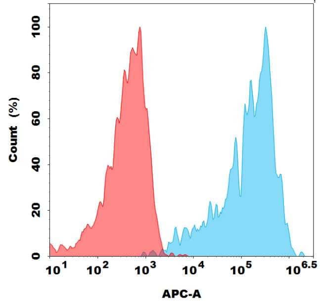 Analysis with Anti-G4S linker antibody (BM1049) on HEK293 cells transfected with BCMA CAR Abecma (Blue histogram) or HEK293 transfected with irrelevant protein (Red histogram).