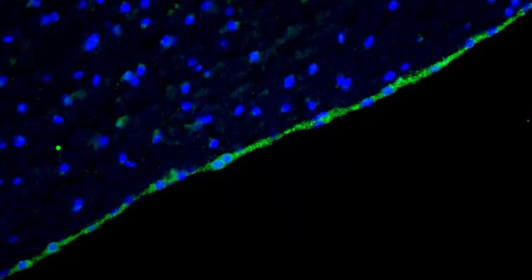 Representative section of formalin fixed, paraffin-embedded rat brain lateral ventricle region showing cells stained by NBP3-52344 (the BSA Free version of this antibody) (visualized in green) at 1:100 dilution. DAPI nuclear stain (blue) shows cell nuclei. This antibody specifically stains the ciliated cells surrounding the lateral ventricle. Magnification 400X.