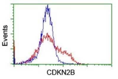 Flow Cytometry: p15INK4b/CDKN2B Antibody (OTI3B6) - Azide and BSA Free [NBP2-73184] - Analysis of HEK293T cells transfected with either overexpress plasmid(Red) or empty vector control plasmid(Blue) were immunostaining by CDKN2B antibody.