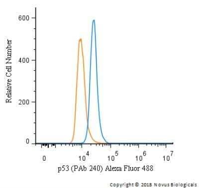 Flow Cytometry: p53 Antibody (PAb 240) - Azide and BSA Free [NBP2-80898] - An intracellular stain was performed on A549 cells with p53 (PAb240) NB200-103AF488 (blue) and a matched isotype control (orange). Cells were fixed with 4% PFA and then permeablized with 0.1% saponin. Cells were incubated in an antibody dilution of 10 ug/mL for 30 minutes at room temperature. Both antibodies were directly conjugated to Alexa Fluor 488.