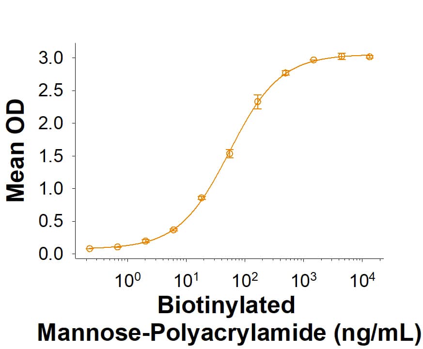 When Recombinant Human Langerin/CD207 Fc Chimera (10401-LN) is immobilized at 0.2 μg/mL (100 μL/well), Biotinylated Mannose-Polyacrylamide binds with an ED50 of 20-160 ng/mL.