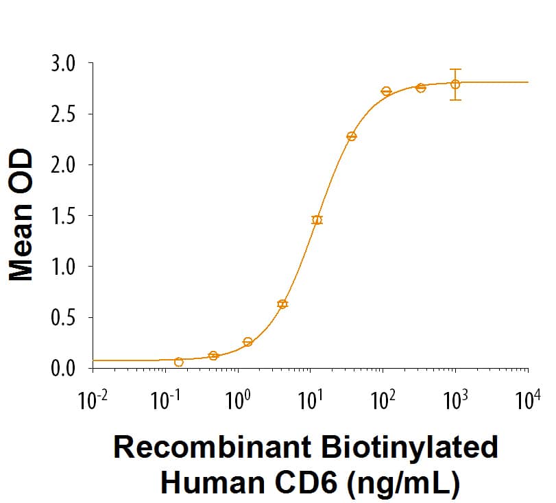 When Recombinant Mouse ALCAM/CD166 is immobilized at 1 μg/mL, Recombinant Biotinylated Human CD6 Fc Chimera binds with an ED50 of 6-36 ng/mL.