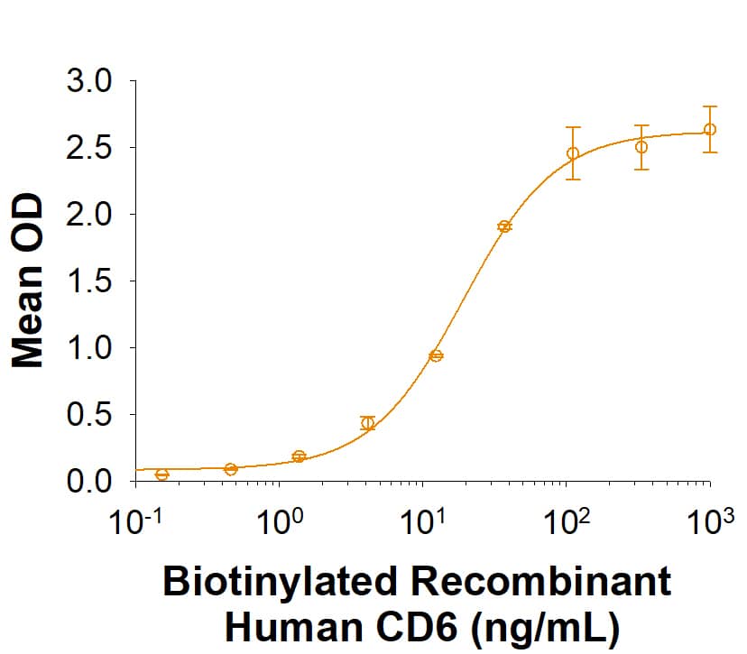 When Recombinant Cynomolgus Monkey ALCAM (Catalog # 10027-AL) is coated onto a microplate at 1 µg/mL, Biotinylated Recombinant Human CD6 Fc Chimera binds with an ED50 of 10-50 ng/mL.