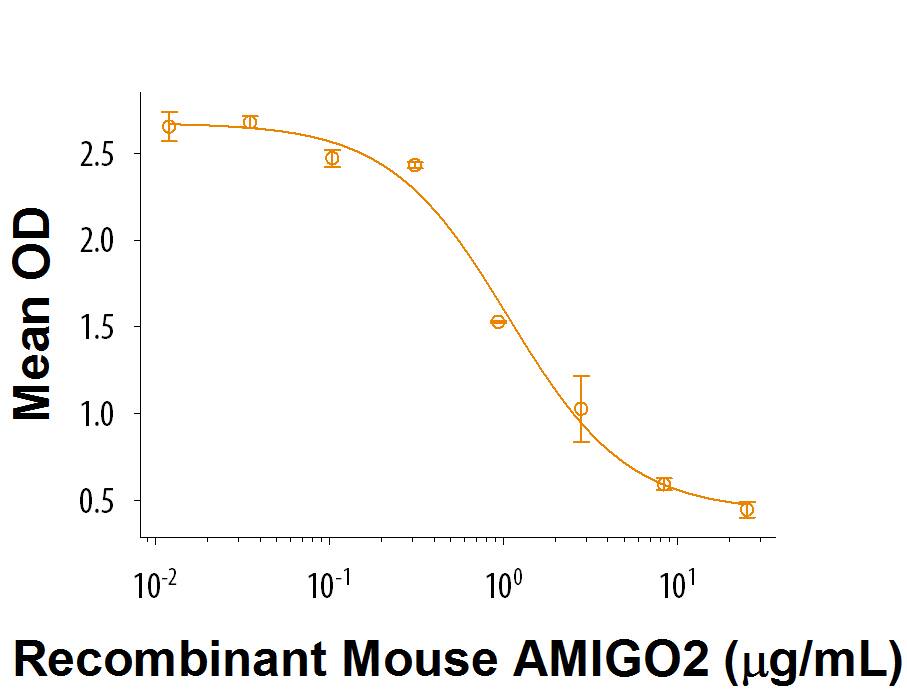 Recombinant Mouse AMIGO2 Fc Chimera (Catalog # 9424-AM) inhibits IL-2 secretion by mouse T cells in the presence of anti-CD3 antibody. The ED50 for this effect is 0.3-1.5 μg/mL.
