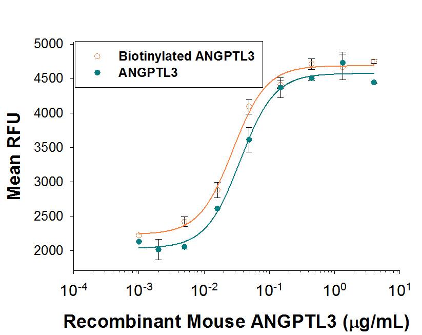 Both Biotinylated rmANGPTL3 (Catalog # BT8344) and unlabeled rmANGPTL3 (Catalog # 8344-AN) stimulate the expansion of E16-E18 rat liver mononuclear cells link, in the presence of rmSCF (Catalog # 455-MC), rmTpo (Catalog # 488-TO), and rmFlt-3L (Catalog # 427-FL). The ED50 for this effect is 20-120 ng/mL in the presence of a cross-linking antibody, His Tag MAb (Catalog # MAB050). The similarity in activity highlights that the biotinylated protein is fully functional.