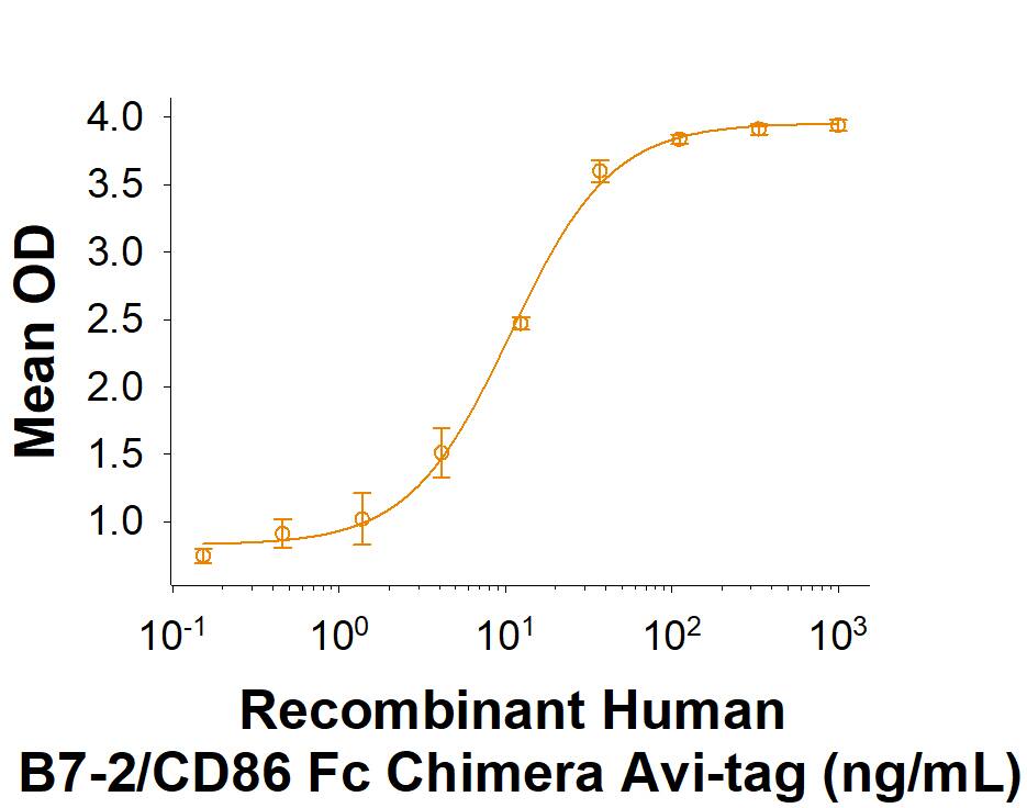 When Recombinant Human CTLA-4 Fc Chimera (Catalog # 7268-CT) is immobilized at 0.25 µg/mL, Recombinant Human B7-2/CD86 Fc Chimera Avi-tag (Catalog # AVI7625) binds with an ED50 of 5-30 ng/mL.