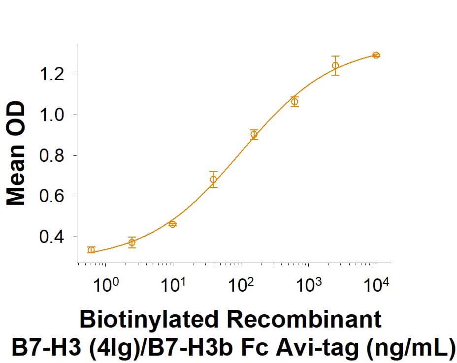 When Human B7-H3 Antibody (Catalog # AF1027) is immobilized at 1.0 µg/mL, 100 µg/mL, the concentration of Biotinylated Recombinant B7-H3 (4Ig)/B7-H3b Fc Chimera Avi-tag (Catalog # AVI10381) that produces 50% the optimal binding response is approximately 10-60 ng/mL.