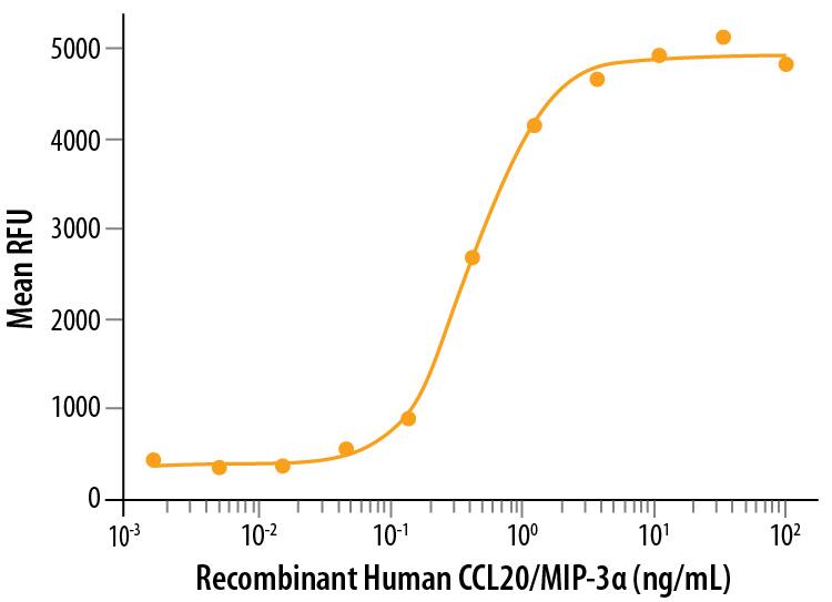 Recombinant Human CCL20/MIP-3 alpha  (Catalog # 360-MP/CF) chemo-attracts the BaF3 mouse pro-B cells transfected with human CCR6. The ED50 for this effect is 0.5‑2 ng/mL.