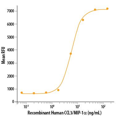 Recombinant Human CCL3/MIP-1 alpha  Isoform LD78a (Catalog # 270-LD/CF) chemoattracts the BaF3 mouse pro-B cells transfected with human CCR5. The ED50 for this effect is 3-10 ng/mL.