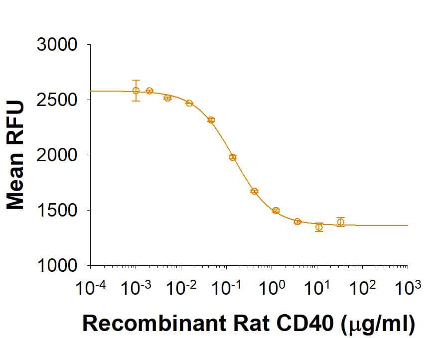 Recombinant Rat CD40/TNFRSF5 Fc Chimera (Catalog # 8229-CD) inhibits CD40 Ligand-induced proliferation of mouse B cells. The ED50 for this effect is 0.1-0.6 μg/mL.
