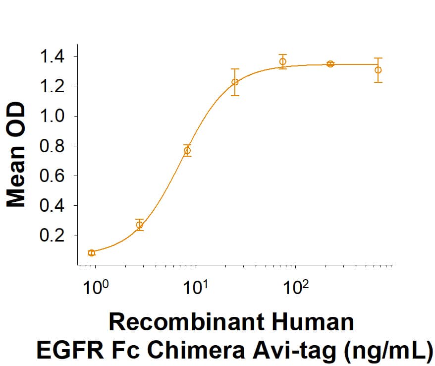 When Human EGFR (Research Grade Cetuximab Biosimilar) Antibody (Catalog # MAB9577) is immobilized at 0.25 µg/mL, 100 µL/well, the concentration of Recombinant Human EGFR Fc Chimera Avi-tag (Catalog # AVI344) that produces 50% of the optimal binding response is approximately 2-15 ng/mL.