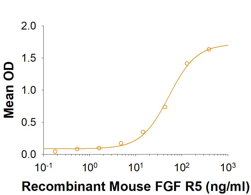 Recombinant Mouse FGF R5 Fc Chimera (Catalog # 1899-FR) binds biotinylated Recombinant Mouse FGF1. The concentration of Recombinant Mouse FGF R5 Fc Chimera that produces 50% of the optimal binding response is 30-120 ng/mL.