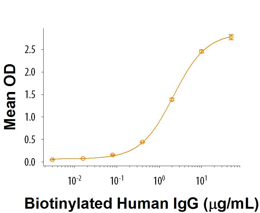 When Recombinant Cynomolgus Monkey Fc gamma RIIA/CD32a (Catalog # 9240-CD) is immobilized on a His Tag Antibody coated plate, Biotinylated Human IgG binds with an ED50 of 0.75-3.75 μg/mL.
