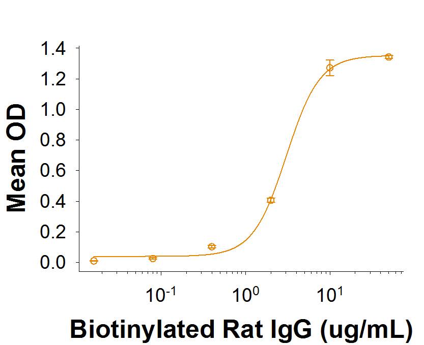 When Recombinant Rat Fc gamma  RIIA/CD32a (Catalog # 9696-CD) is immobilized on an anti-His Tag Antibody coated plate, it binds Biotinylated Rat IgG with an ED50 of 1.25-6.25 μg/mL.