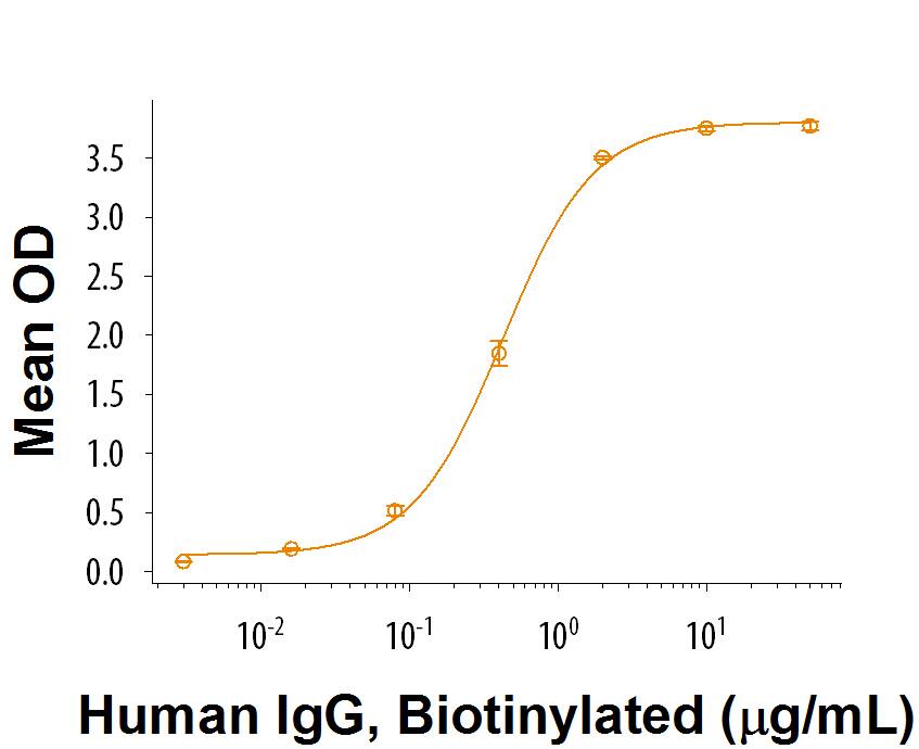 When Recombinant Cynomolgus Fc gamma RIII (CD16) (Catalog # 9224-FC) was immobilized on a His Tag antibody (Catalog # MAB050) coated plate, it binds Biotinylated Human IgG with an ED50 of 0.15-0.75 µg/mL.
