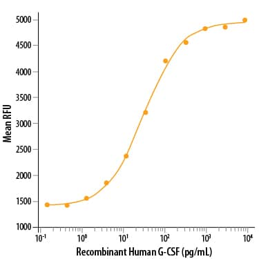 Recombinant Human G-CSF (Catalog # 214-CS/CF) stimulates cell proliferation of the NFS-60 mouse myelogenous leukemia lymphoblast cell line. The ED50 for this effect is 10-60 pg/mL.
